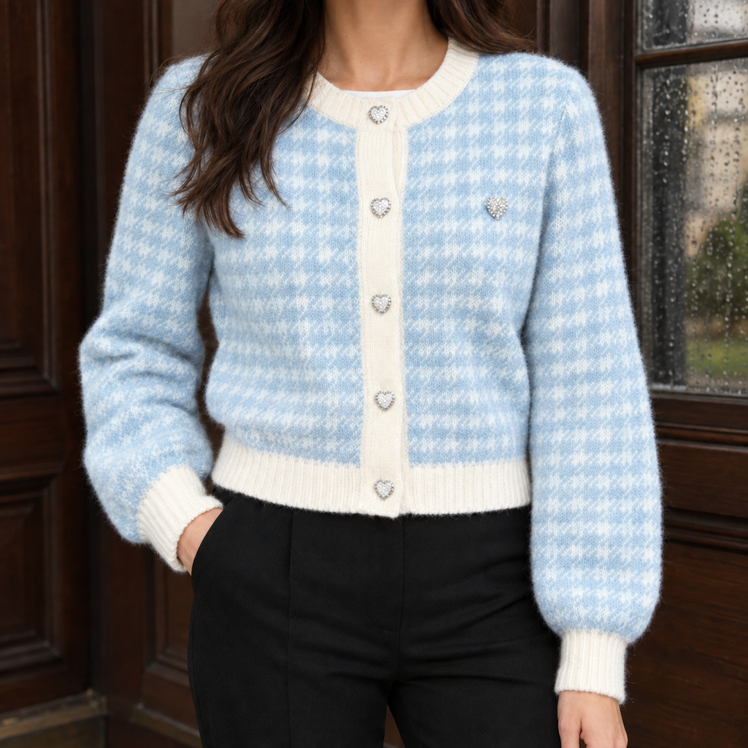 Women's Cropped Houndstooth Cardigan with Heart Buttons – Alberta – Light Blue – front view