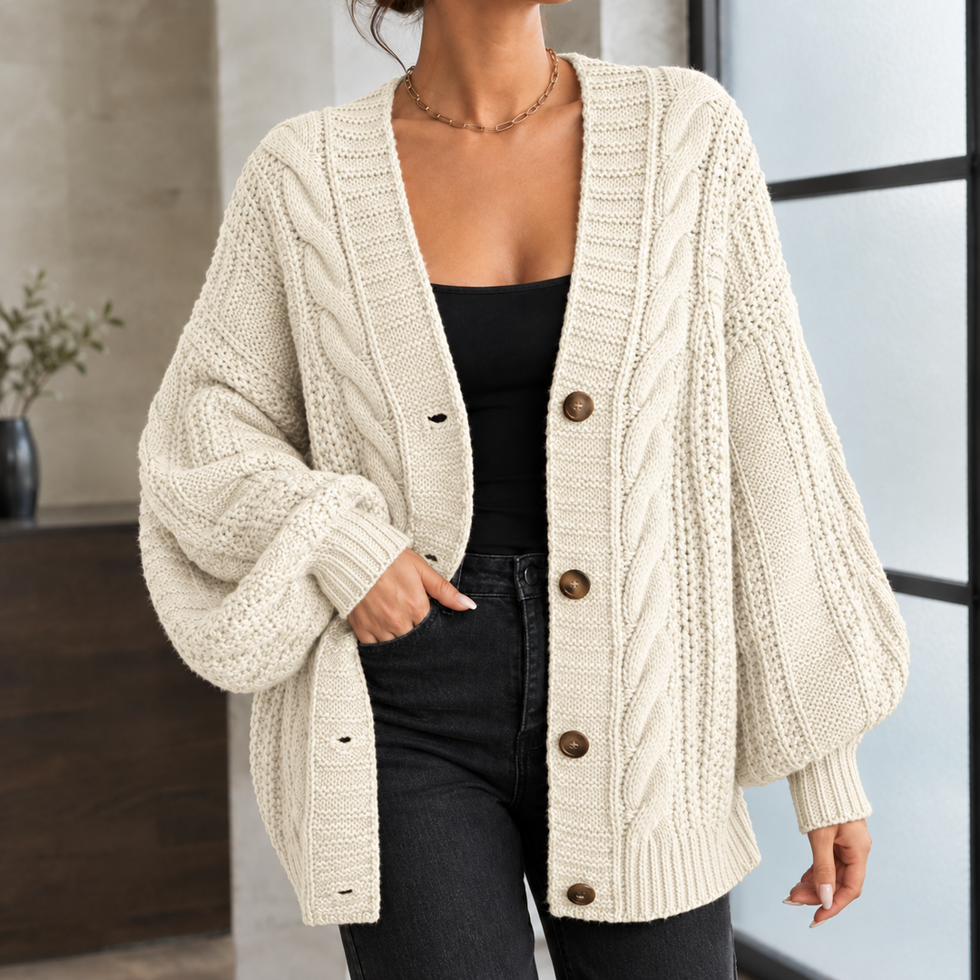Women's Chunky Cable Knit Oversized V-Neck Cardigan – Euphemia – Ivory – front view