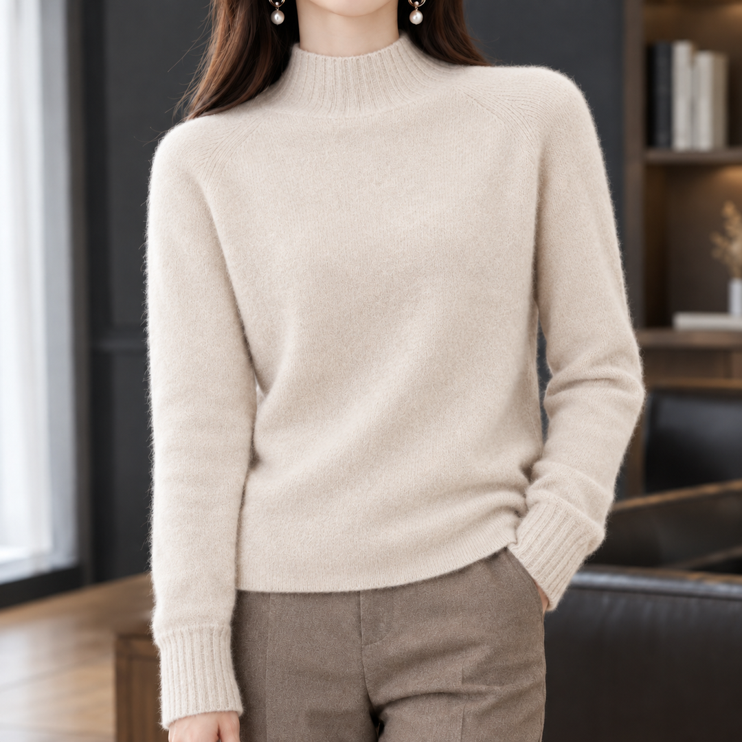 Women's Cashmere Mock Neck Jumper with Raglan Sleeves – Wilma – Beige – front view