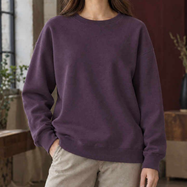 Women's Relaxed Drop-Shoulder Crew Neck Sweatshirt – Marsaili – Plum Purple – front view