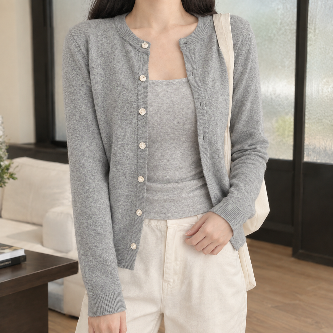 Women's Slim Fine Knit Crew Neck Button-Through Cardigan – Judith – Grey – front view