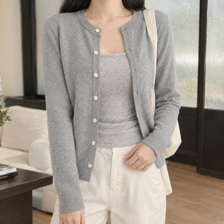 Women's Slim Fine Knit Crew Neck Button-Through Cardigan – Judith – Grey – front view