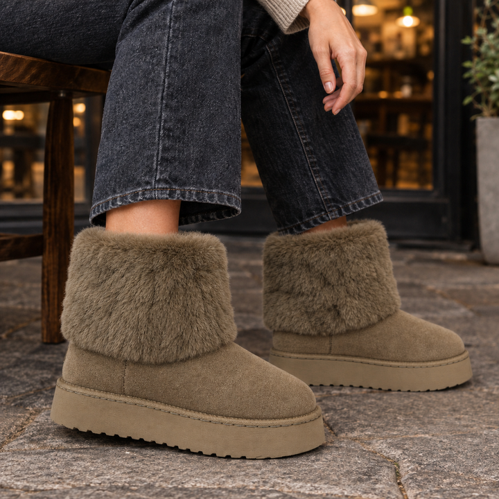 Langdale women's plush cuff platform ankle boots in Olive – side view