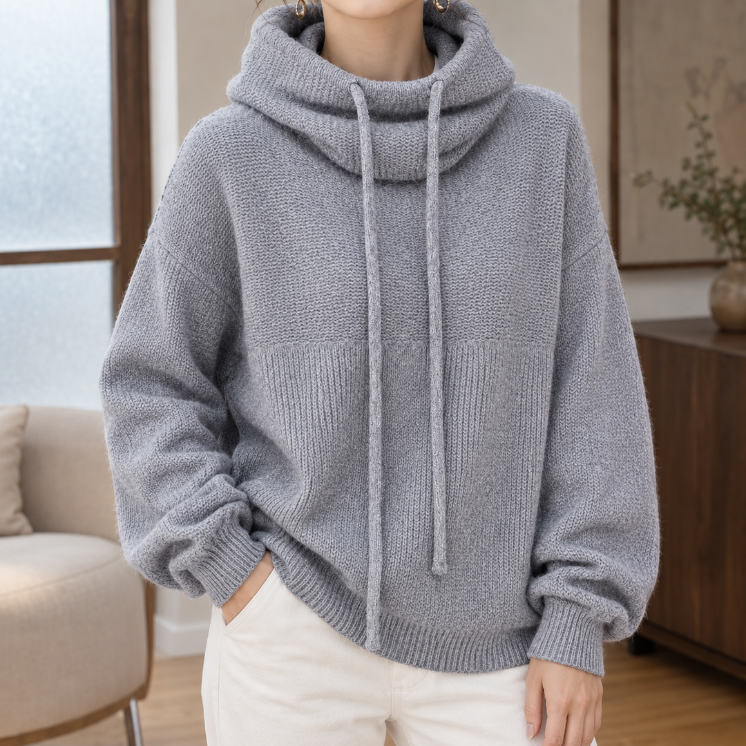 Women's Oversized Cowl Neck Knitted Hoodie with Drawstrings – Edna – Grey – front view