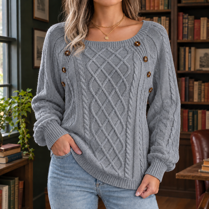Women's Cable Knit Square Neck Jumper with Button Detail – Gwendolen – Grey – front view
