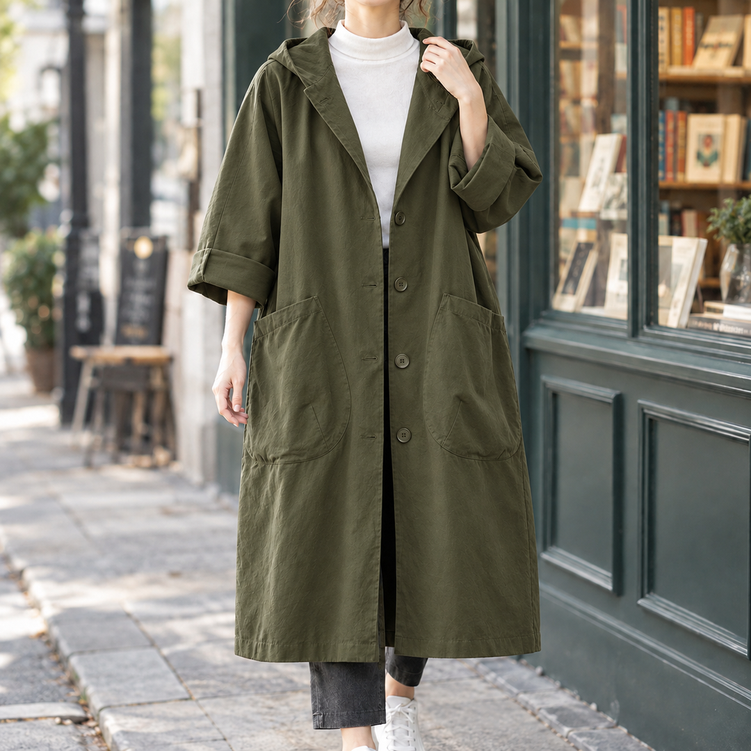 Stockbridge women's longline coat in Olive – front view