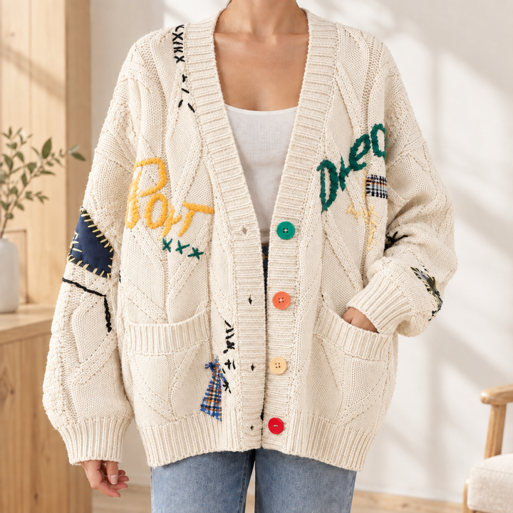 Women's Oversized Chunky Cable Knit Embroidered V-Neck Cardigan – Mabyn – Cream – front view