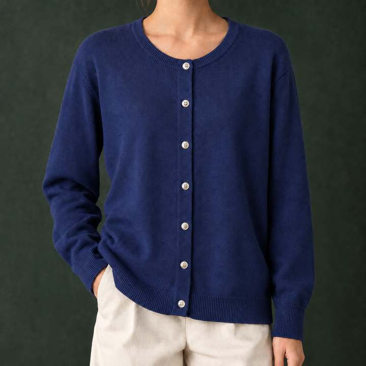 Women's Fine Knit Crew Neck Button-Through Cardigan – Avis – Navy – front view