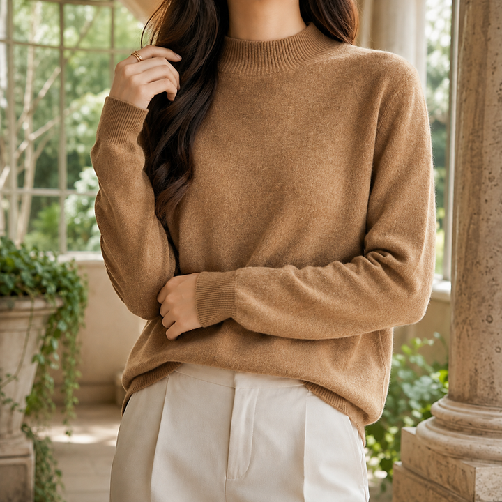 Marisa - Women's mock neck jumper in Camel – front view