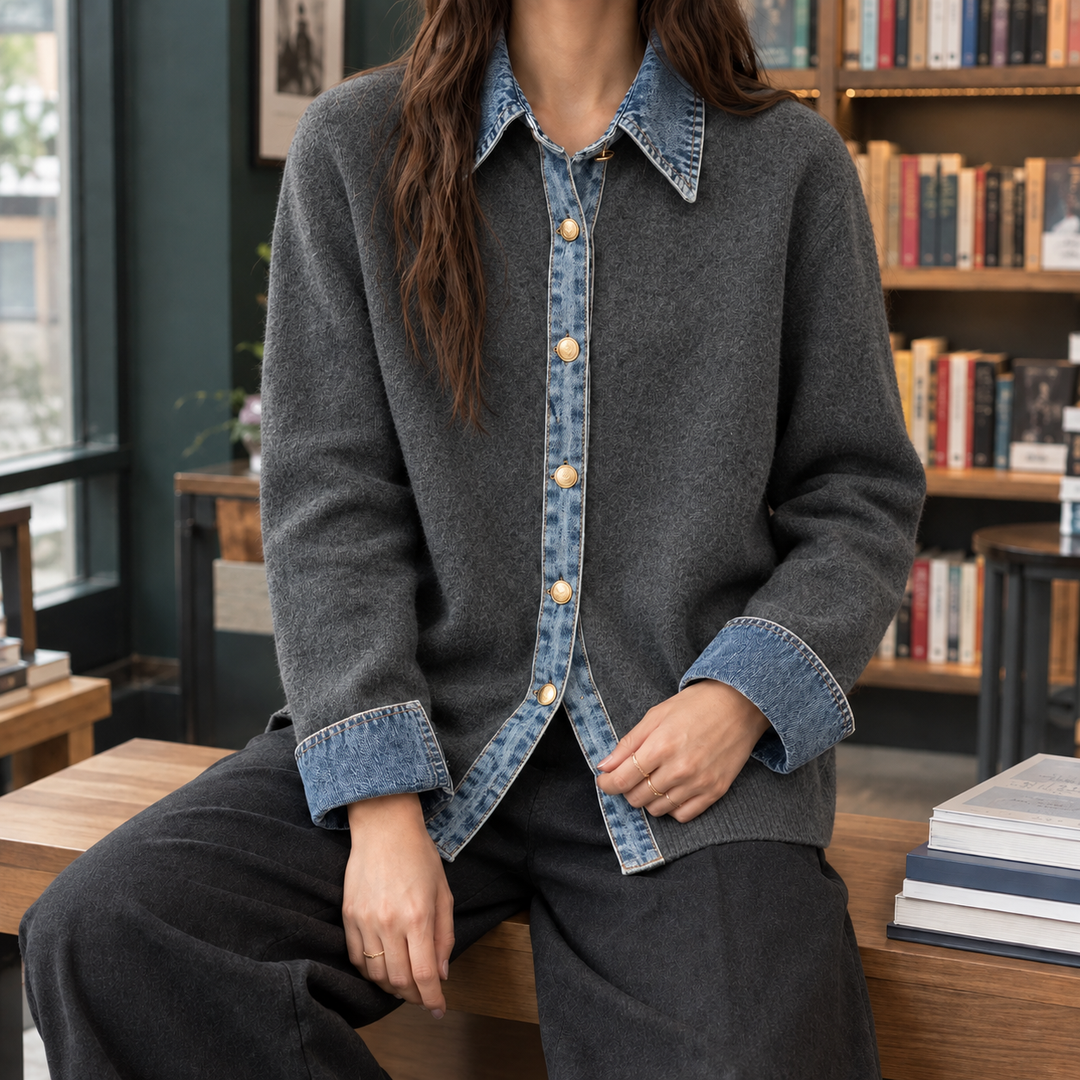 Women's Denim Trim Collared Button-Through Cardigan – Elinor – Dark Grey – front view