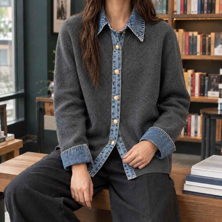 Women's Denim Trim Collared Button-Through Cardigan – Elinor – Dark Grey – front view