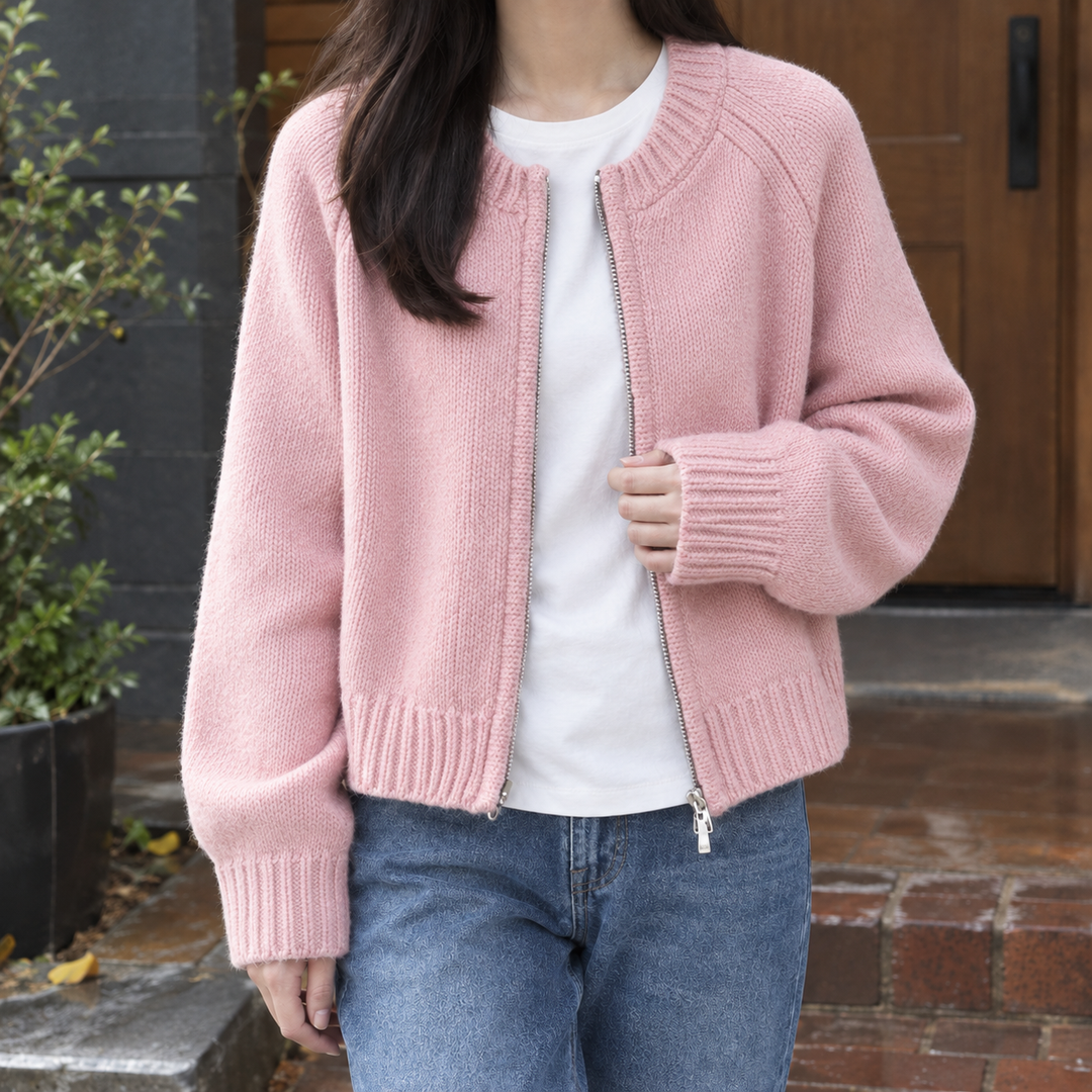 Women's Cropped Chunky Knit Zip-Up Cardigan – Sioned – Pink – front view
