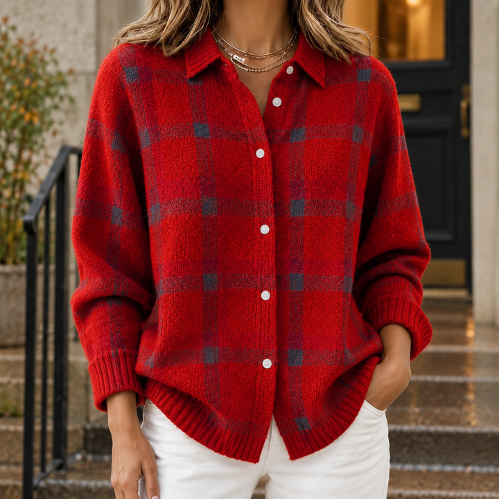 Women's Knitted Check Shacket with Ribbed Cuffs Solange – Red – front