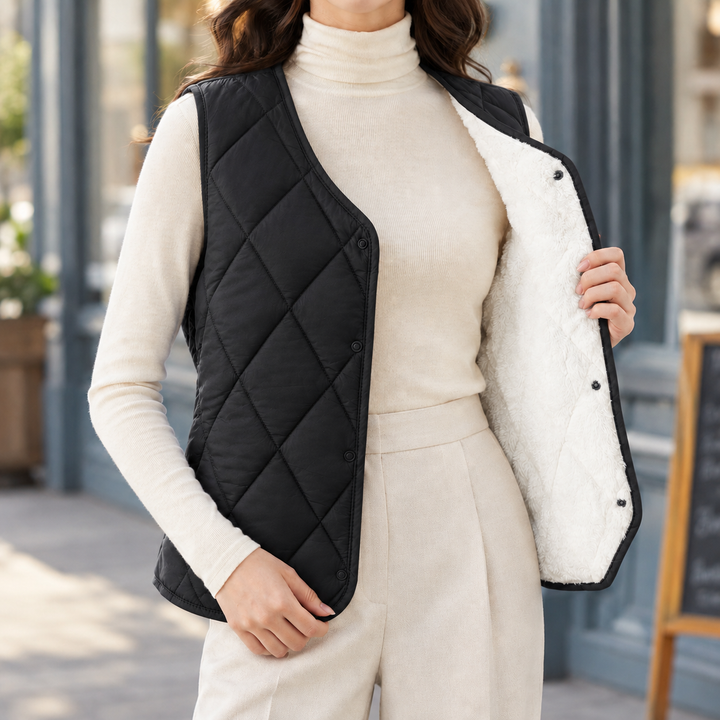 Women's Diamond Quilted Gilet with Plush Lining – Lerwick – Black – front view showing lining