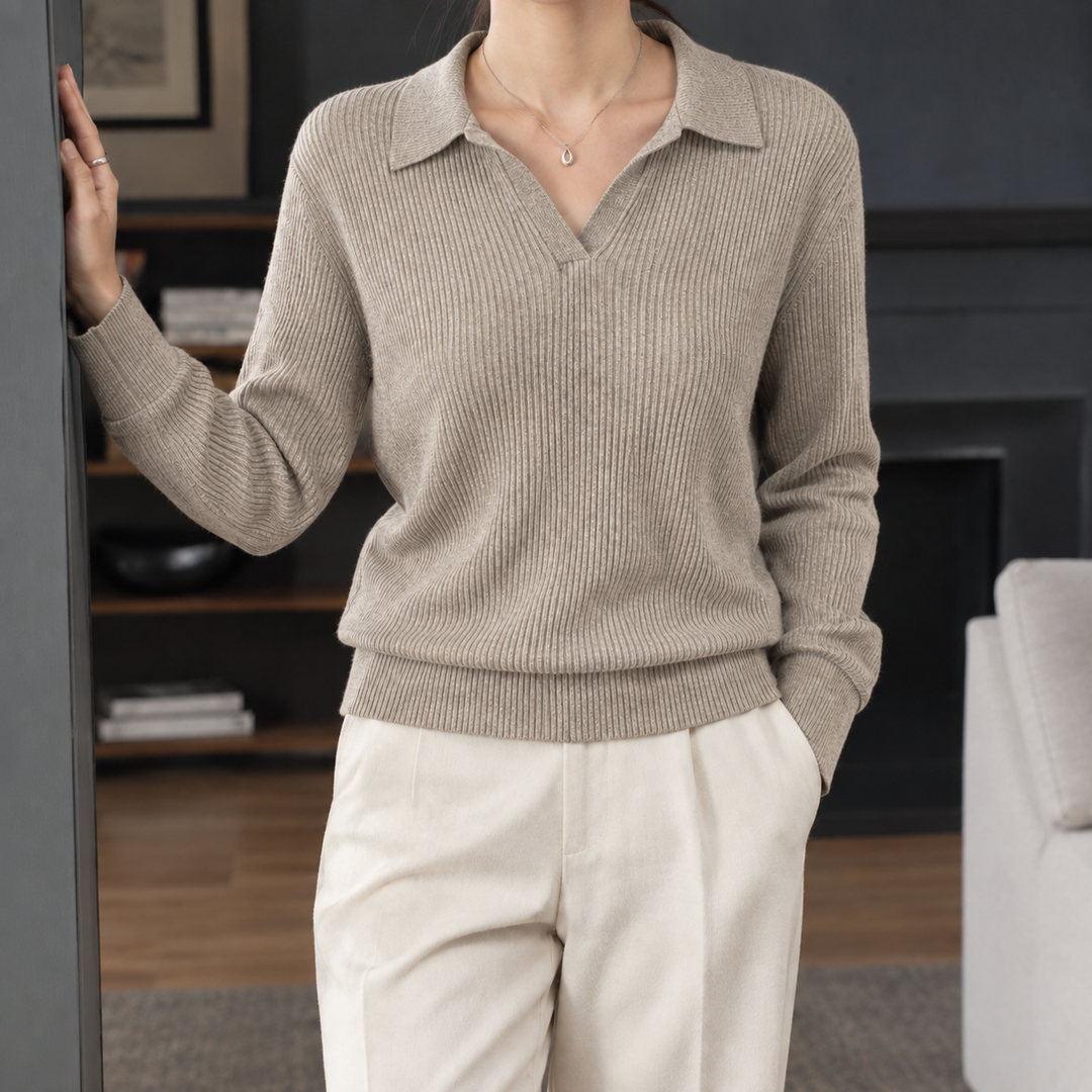 Women's Ribbed Knit Polo Collar Jumper – Janet – Beige – front view