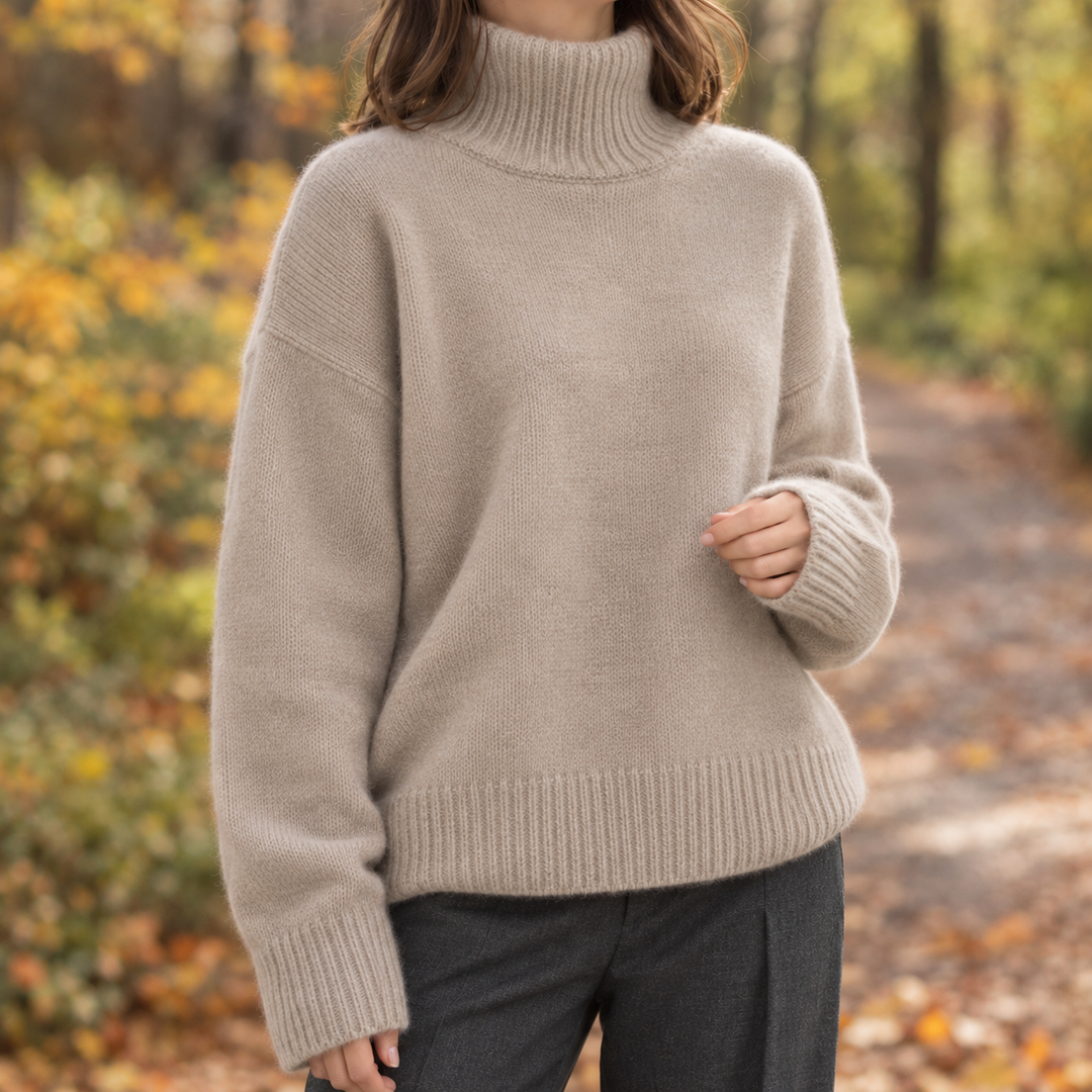 Caitriona - Women's oversized roll neck jumper in Beige – product view