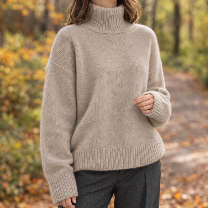 Caitriona - Women's oversized roll neck jumper in Beige – product view