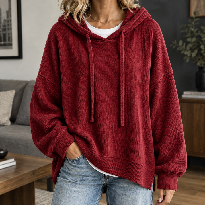 Miranda - Women's ribbed knit hoodie in Burgundy – alternate view