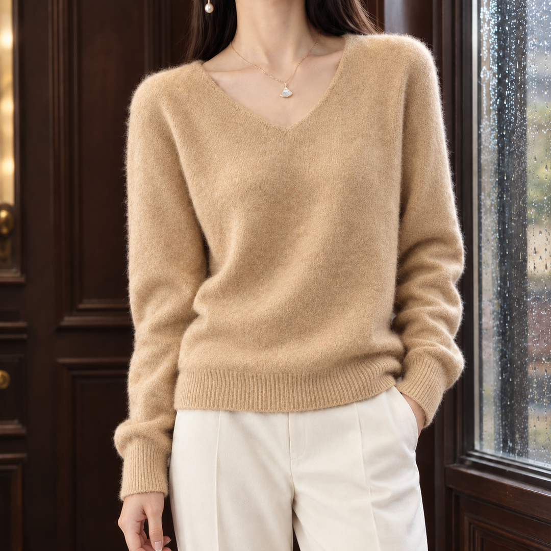 Women's Brushed Wool Relaxed V-Neck Jumper – Connie – Tan – front view