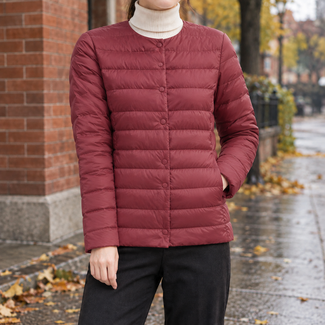 Pitlochry women's collarless quilted jacket in Burgundy – front view