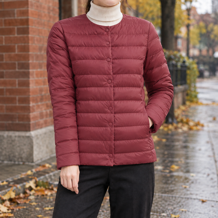 Pitlochry women's collarless quilted jacket in Burgundy – front view