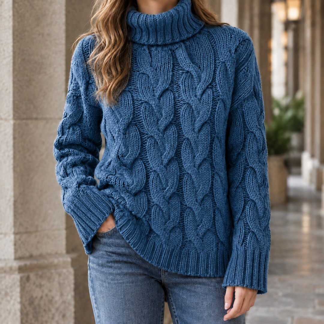 Ella - Women's cable knit roll neck jumper in Blue – front view