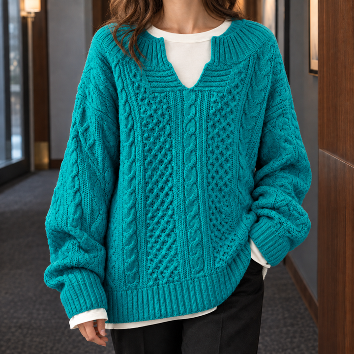 Women's Oversized Cable Knit Split Neck Jumper – Rhona – Teal – front view
