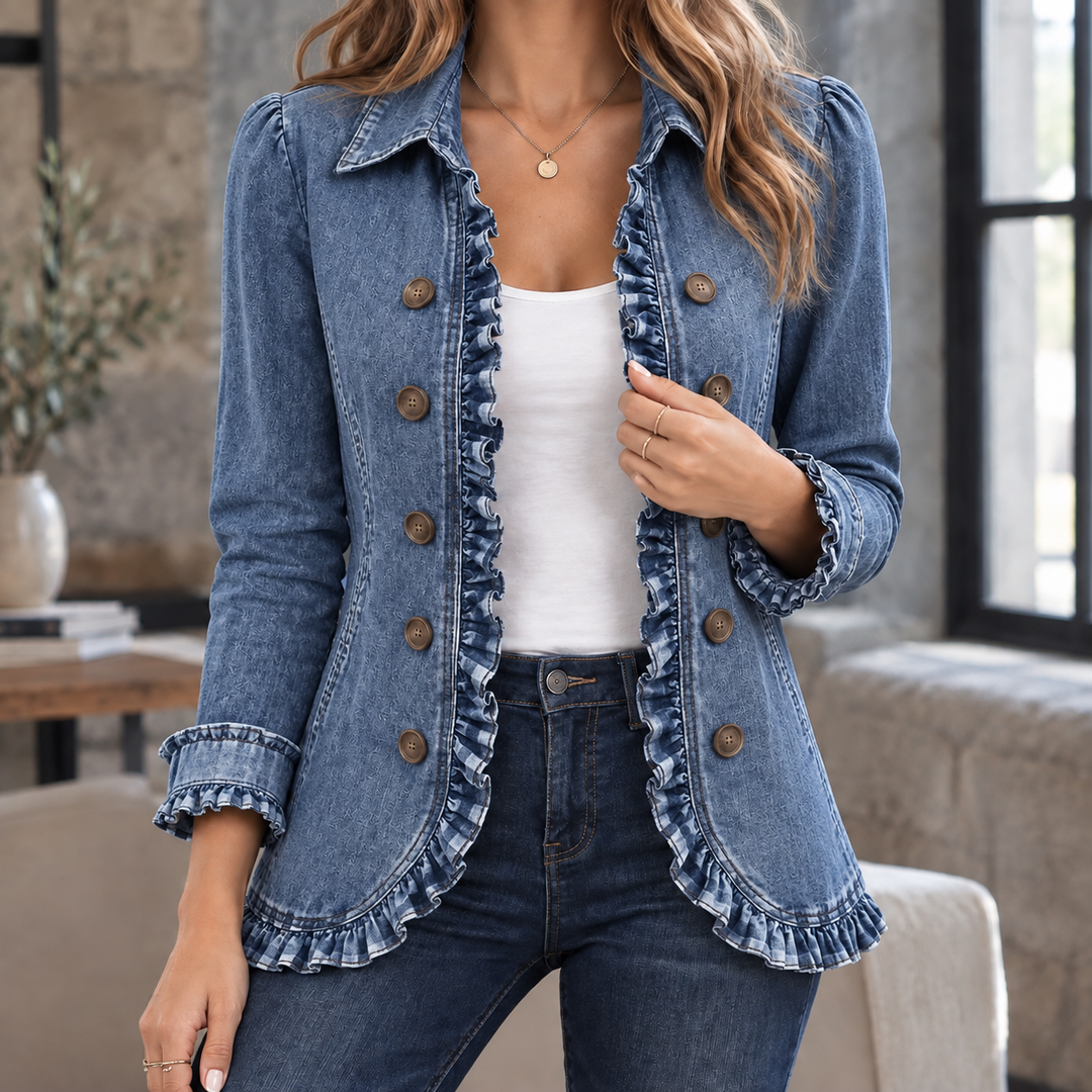 Women's Ruffle-Trim Fitted Jacket with Double Buttons Maude – Denim Blue – front