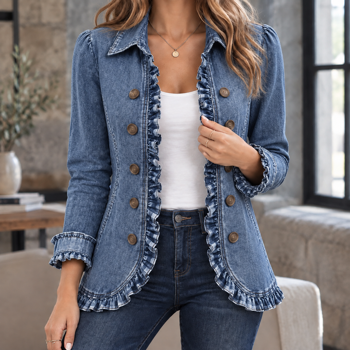 Women's Ruffle-Trim Fitted Jacket with Double Buttons Maude – Denim Blue – front