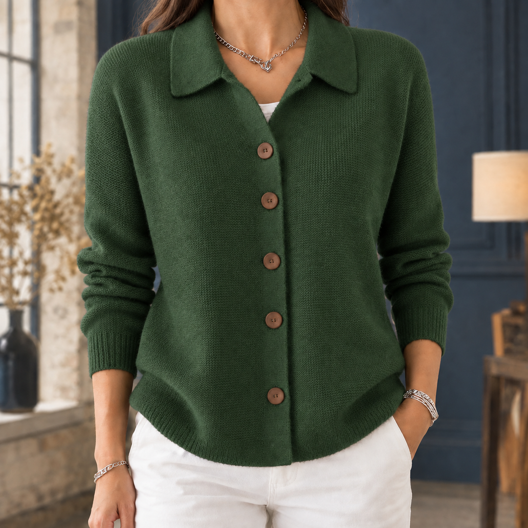Women's wool collared cardigan Annis in Dark Green – front view