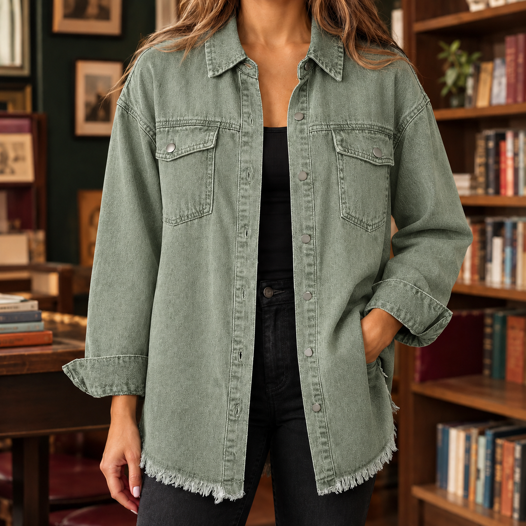 Women's Longline Denim Shacket with Frayed Hem Sloane – Sage Green – front