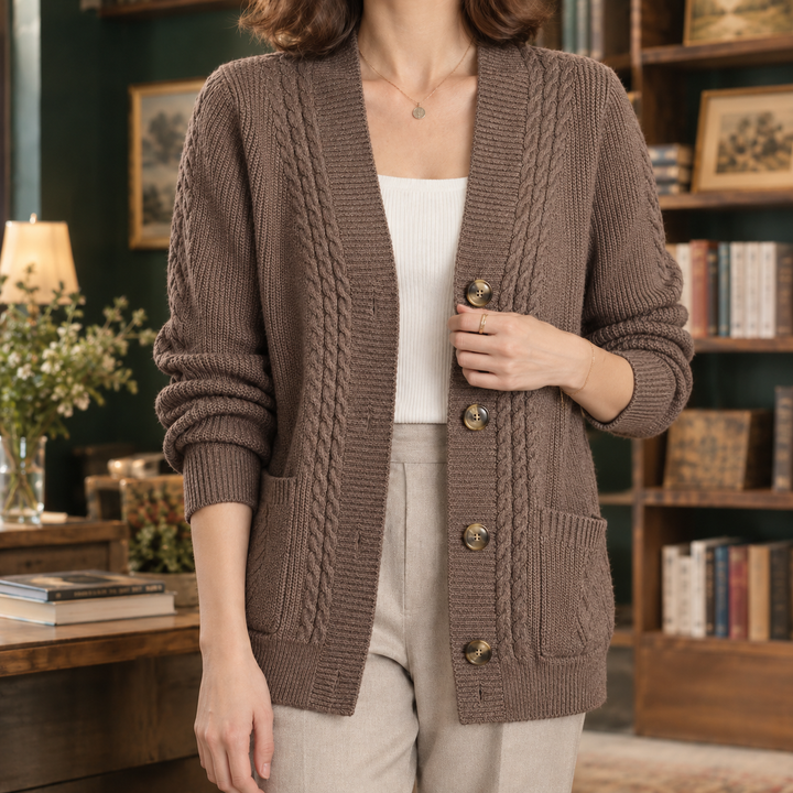 Women's cable knit cardigan Petula in Brown – alternate view