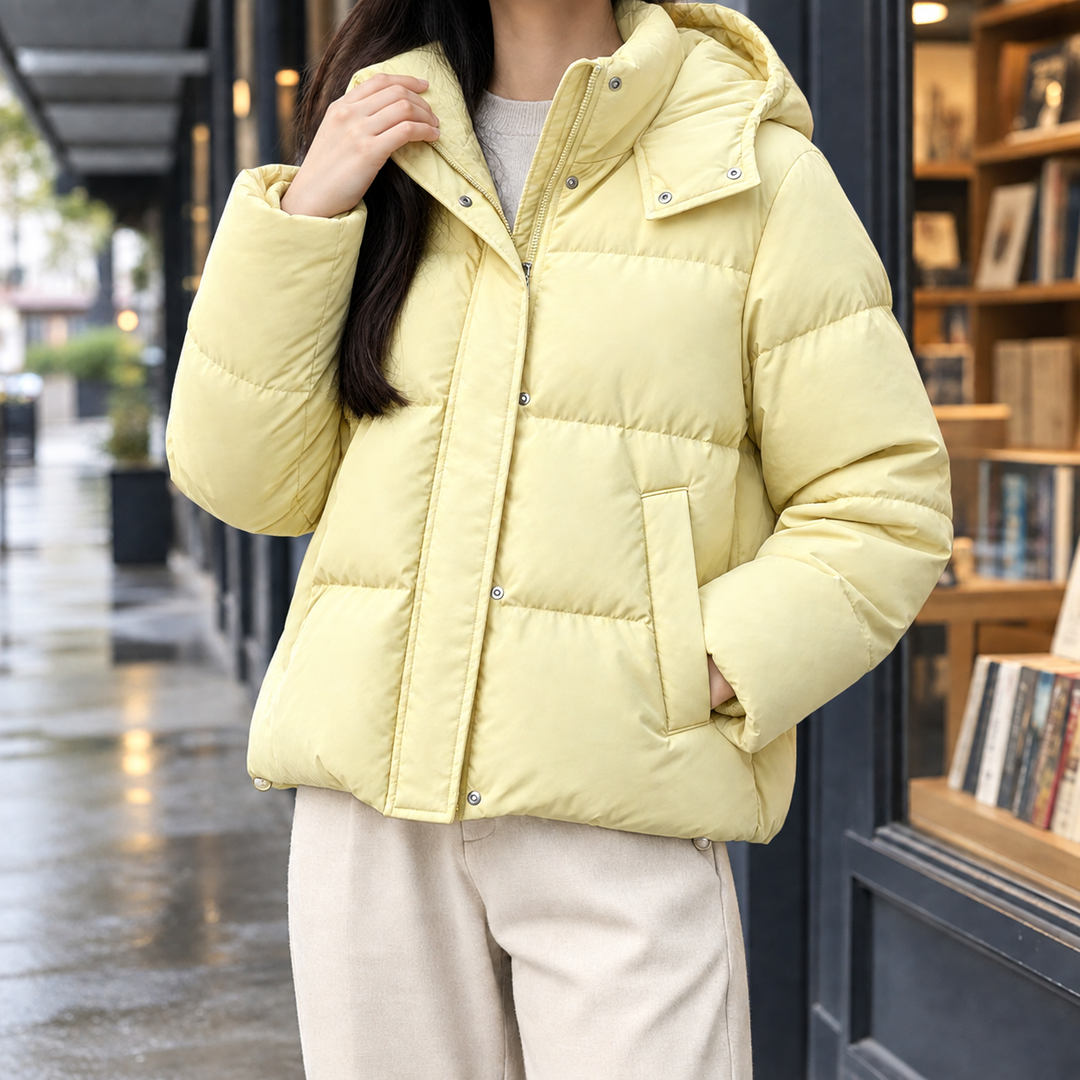 Marazion women's hooded puffer jacket in Pale Yellow – front view