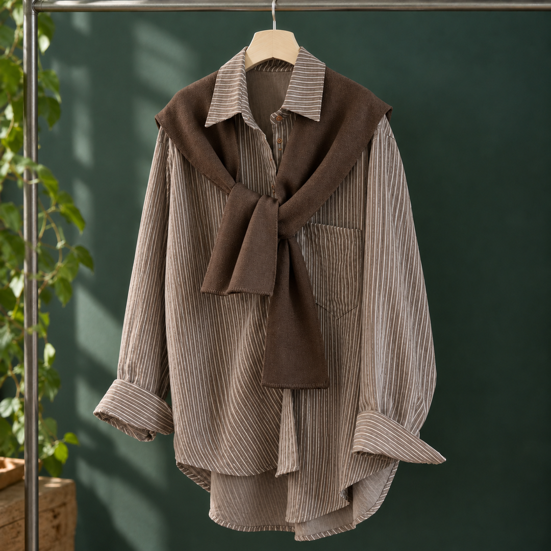 Women's Striped Oversized Shirt with Knitted Shoulder Wrap Mackenzie – Coffee – front