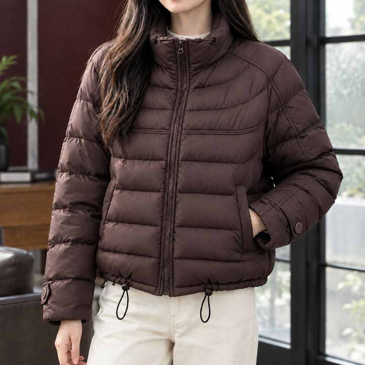 Montrose women's cropped puffer jacket in Brown – front view