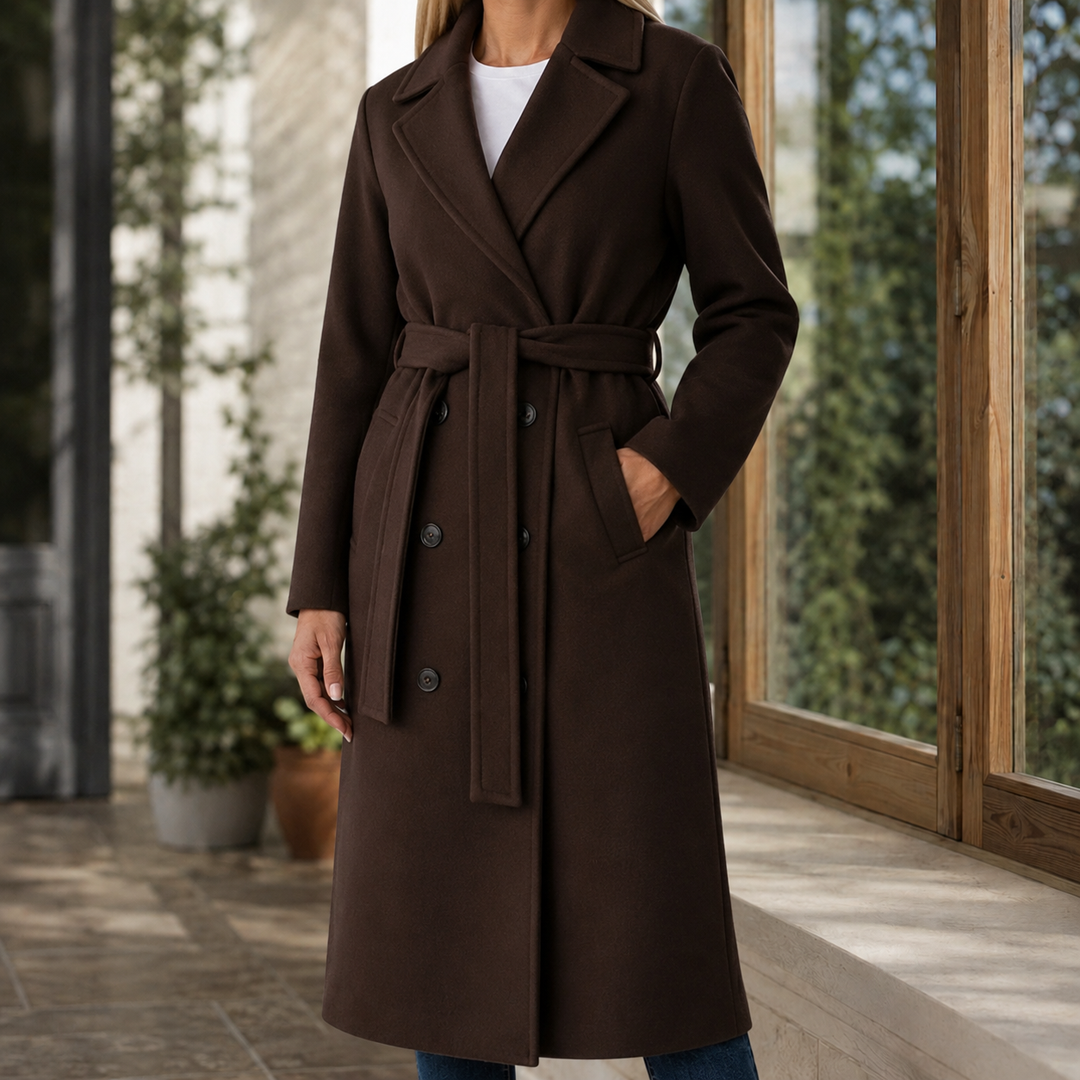Lymington women's belted overcoat in Chocolate – front view