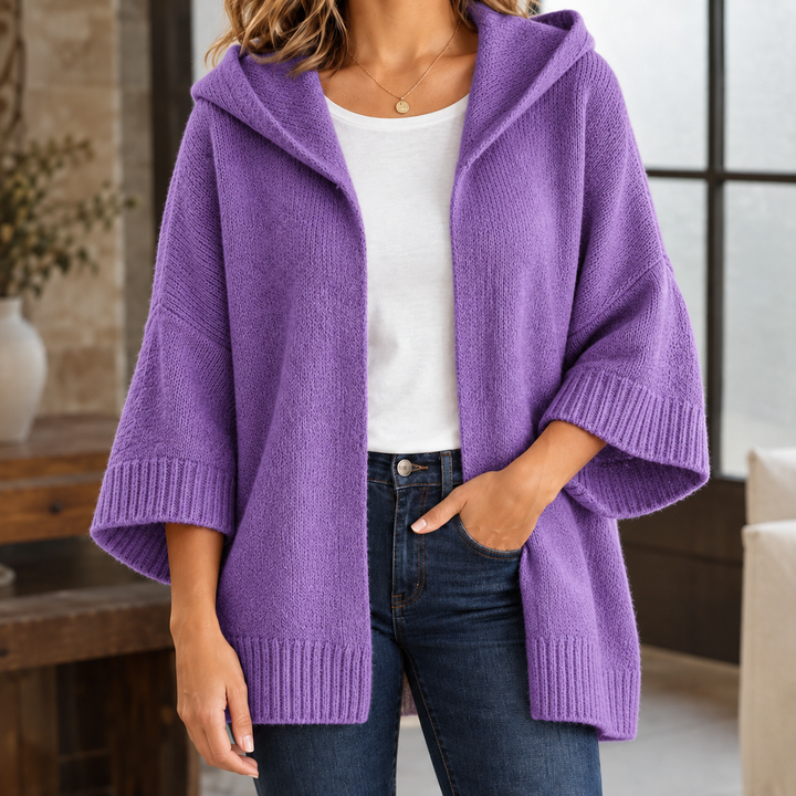 Brenna - Women's hooded knit cardigan in Purple – alternate view