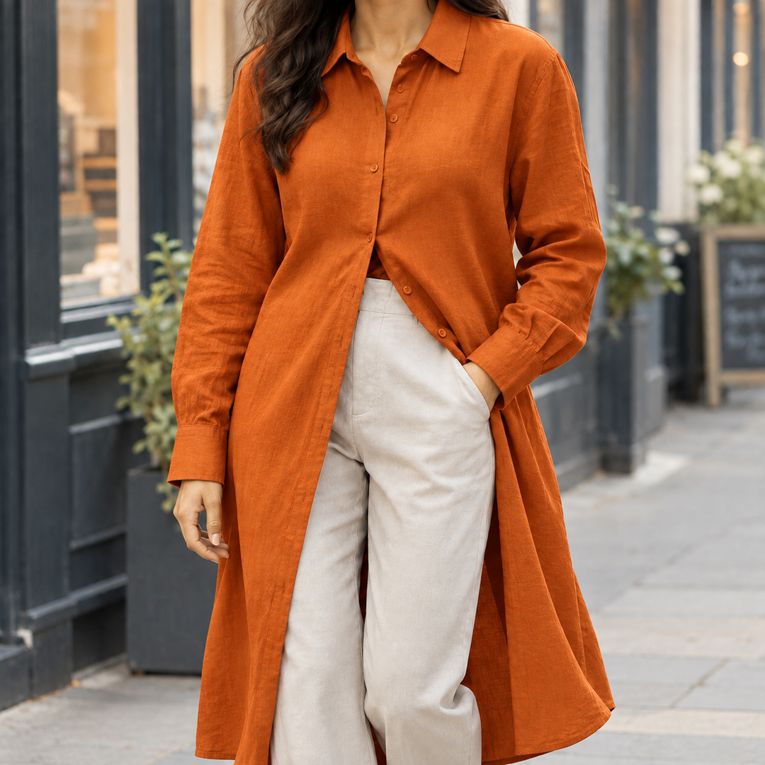 Women's Longline Midi Button-Up Shirt Idalia – Orange – front