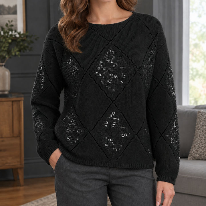 Women's Sequin Openwork Argyle Crew Neck Jumper – Candida – Black – front view