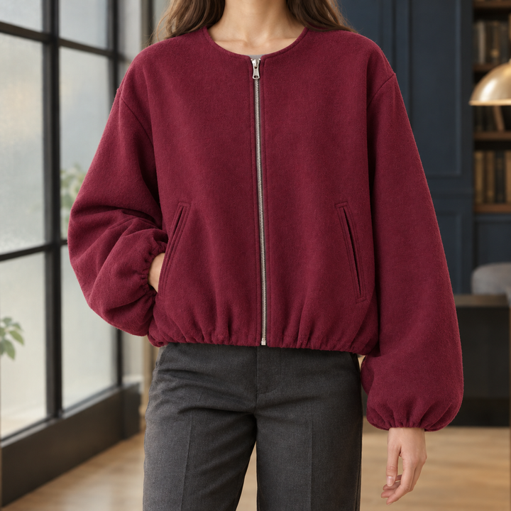 Shoreditch women's balloon sleeve jacket in Burgundy – front view