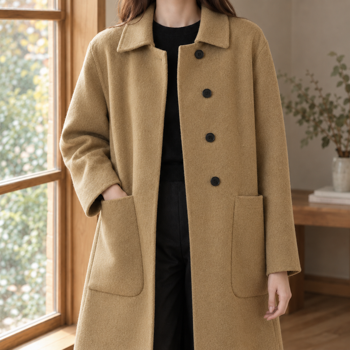 Lyme women's longline wool coat in Camel – front view