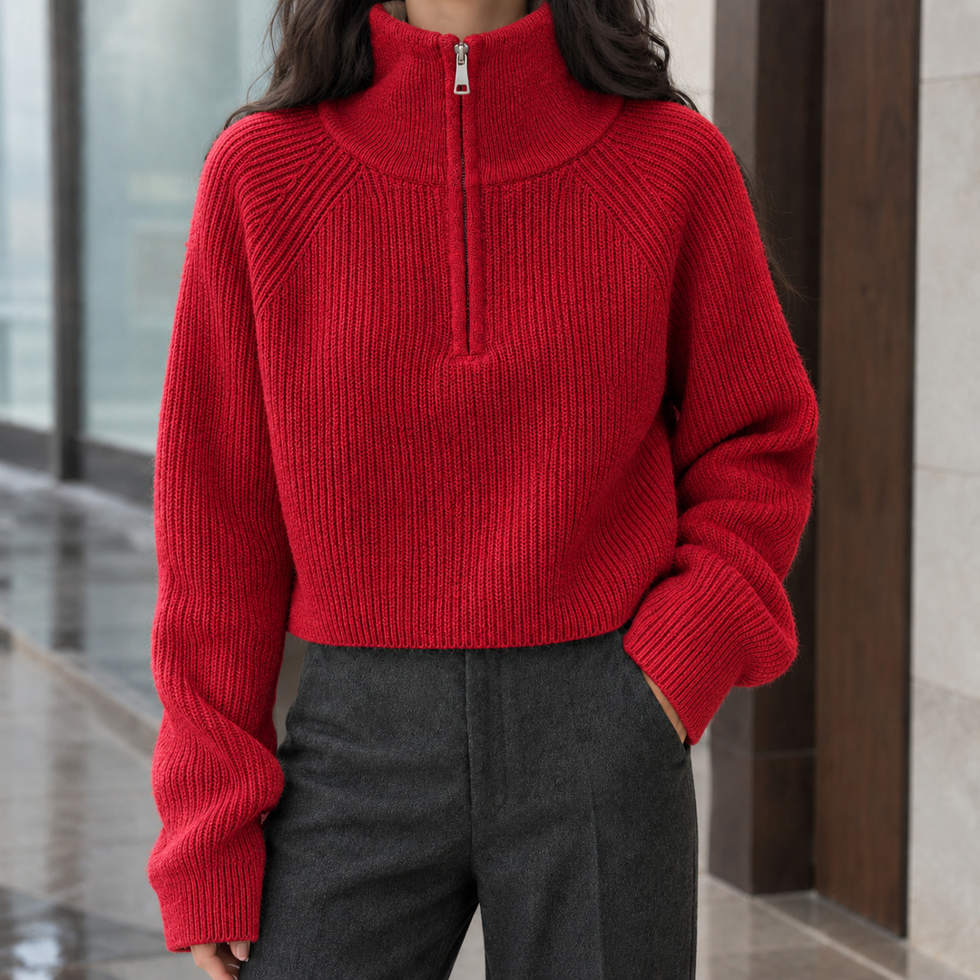 Women's Cropped Ribbed Half-Zip Jumper – Tegwen – Red – front view