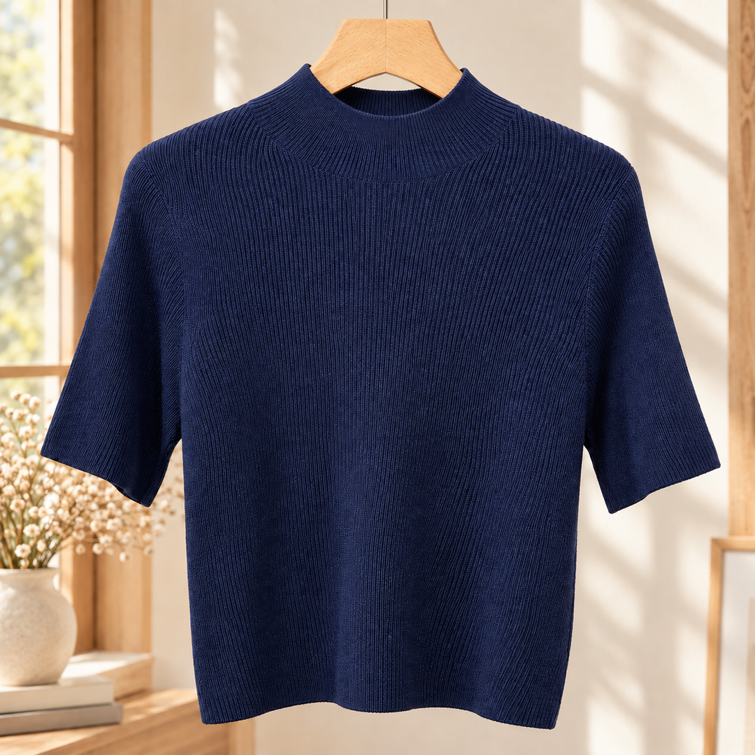 Ceinwen - Women's ribbed mock neck knit top in Navy – front view
