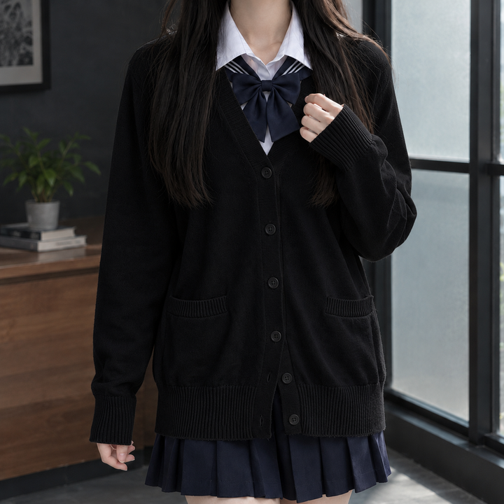 Women's V-Neck Button-Through Cardigan with Pockets – Ettie – Black – front view