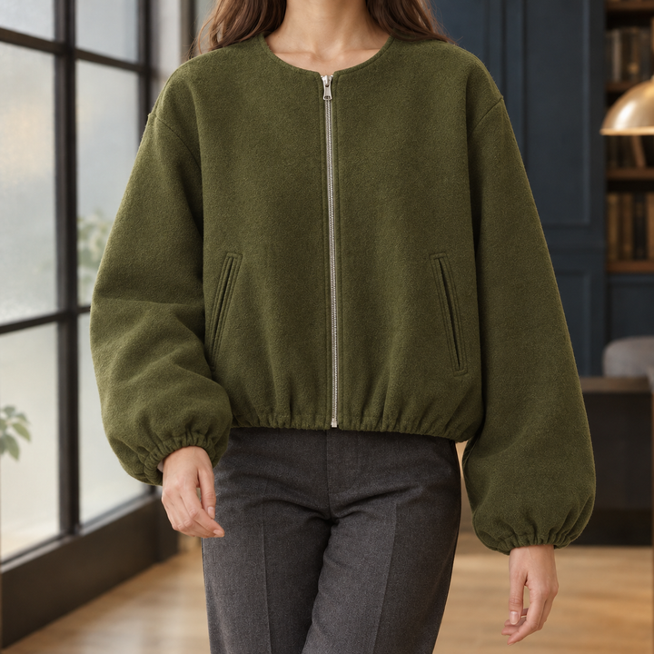 Shoreditch women's balloon sleeve jacket in Khaki Green – front view