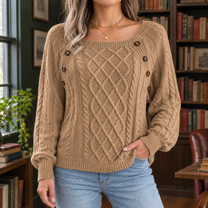 Women's Cable Knit Square Neck Jumper with Button Detail – Gwendolen – Camel – front view