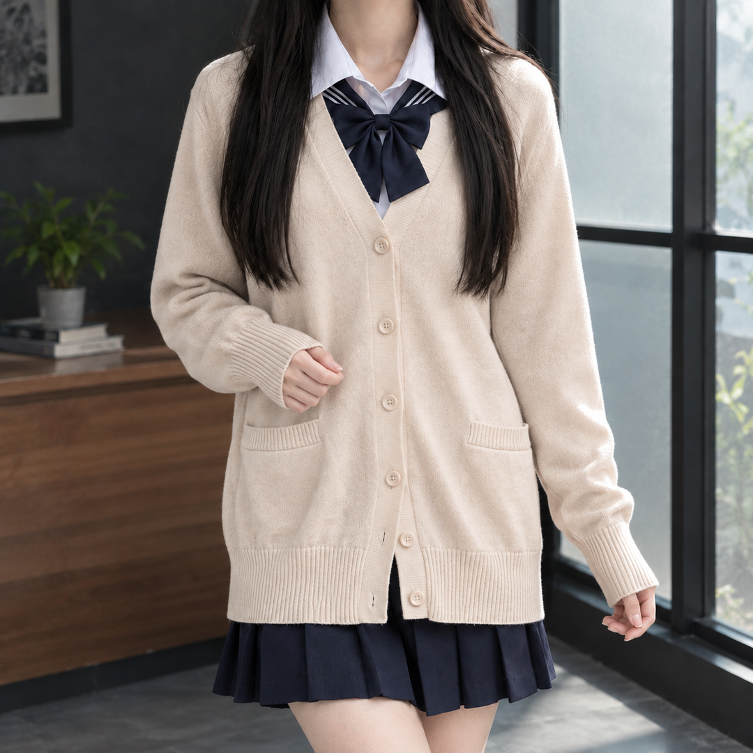 Women's V-Neck Button-Through Cardigan with Pockets – Ettie – Beige – front view