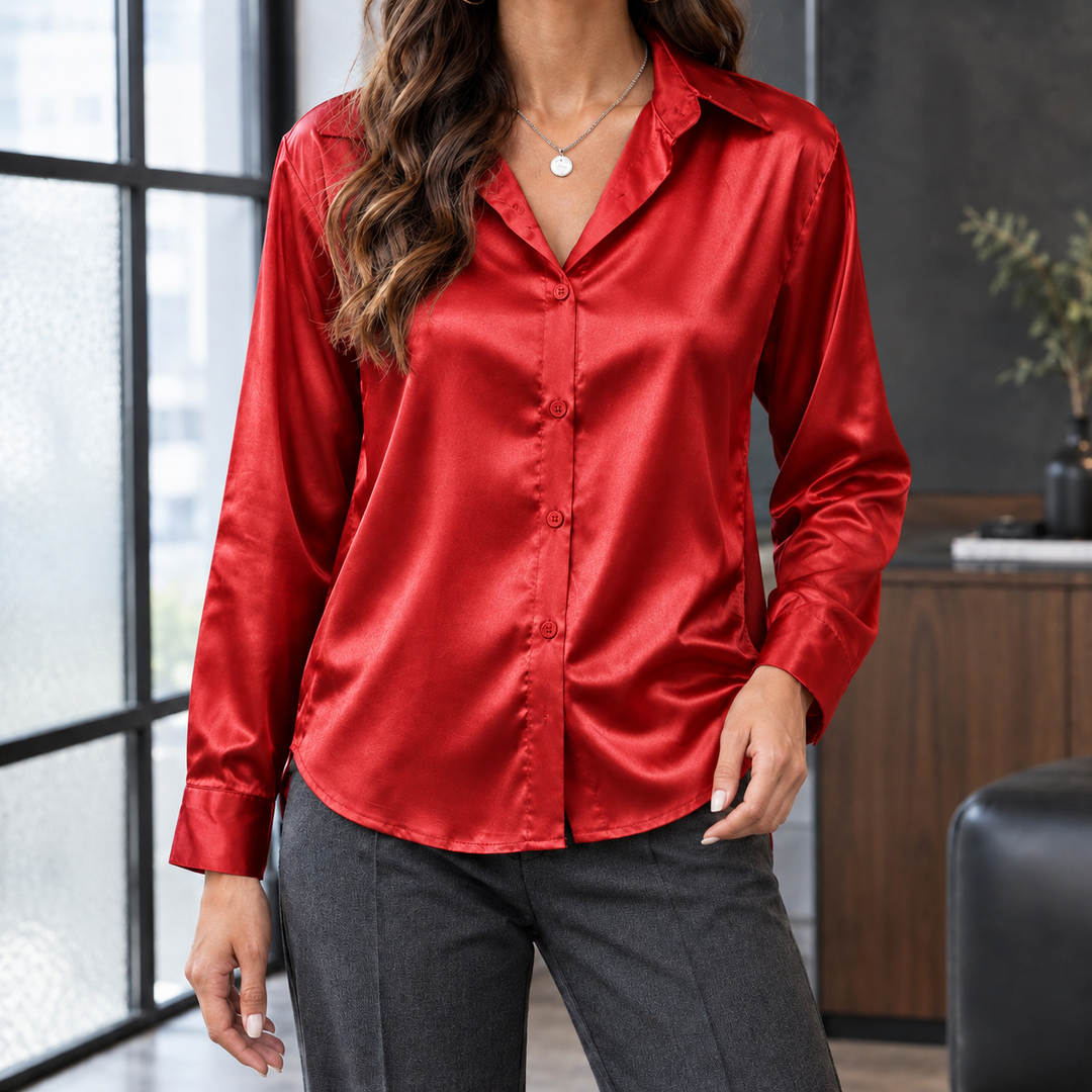 Women's Long Sleeve Satin Button-Up Shirt Sidonie – Bright Red – front