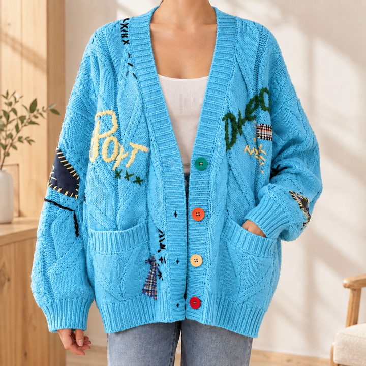 Women's Oversized Chunky Cable Knit Embroidered V-Neck Cardigan – Mabyn – Light Blue – front view