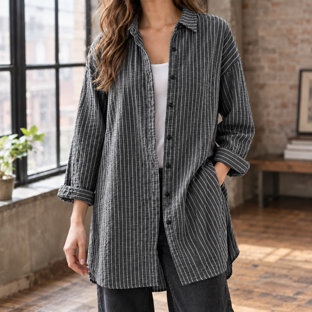 Women's Striped Longline Oversized Button-Up Shirt Leontine – Charcoal – front